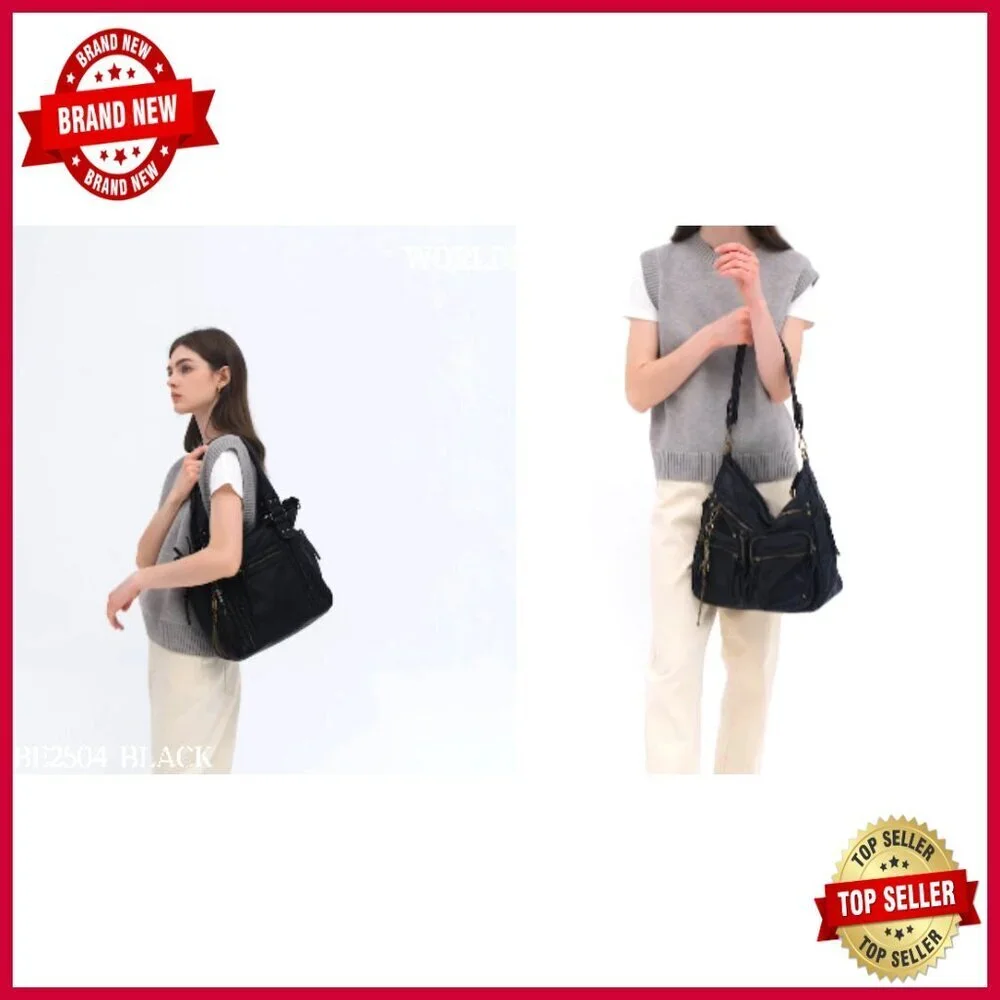 Large Soft Leather Crossbody Tote Hobo Bag with Multiple Pockets